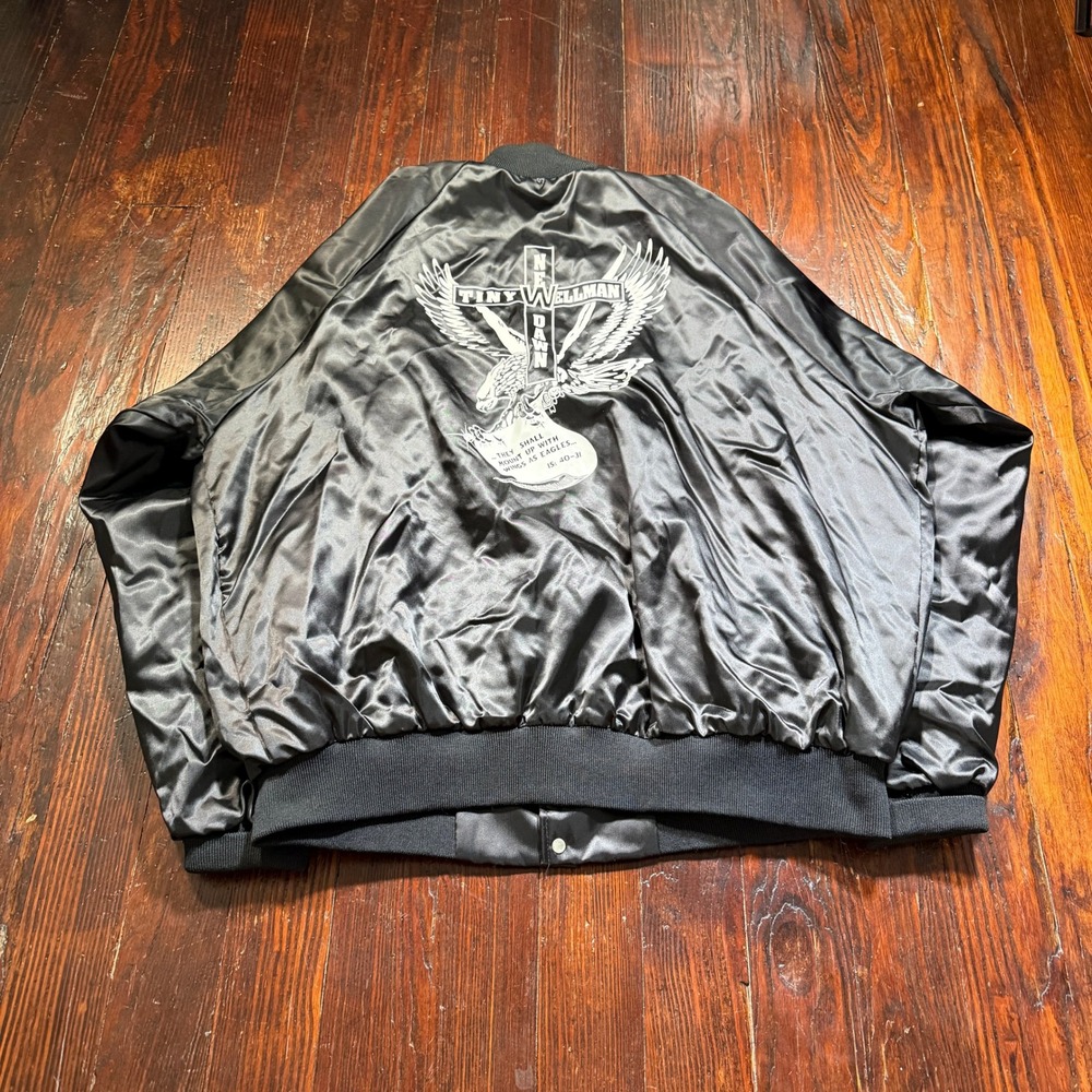 Vintage 90s Tiny Wellman Jacket Mens 3XL Black Satin New Dawn USA Band Cross